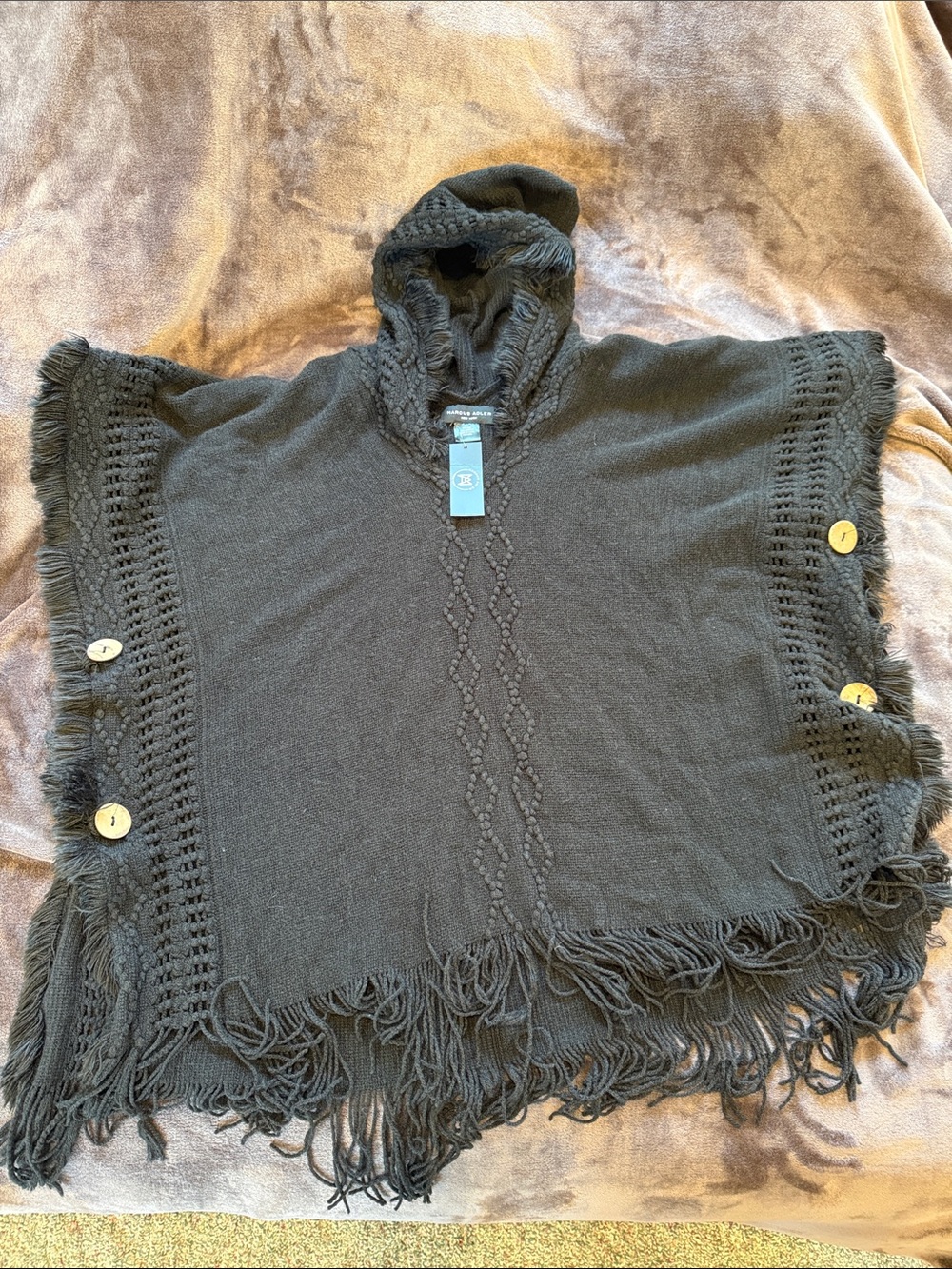 Hooded Fringe Poncho Sweater in Dark Gray by Market & Spruce